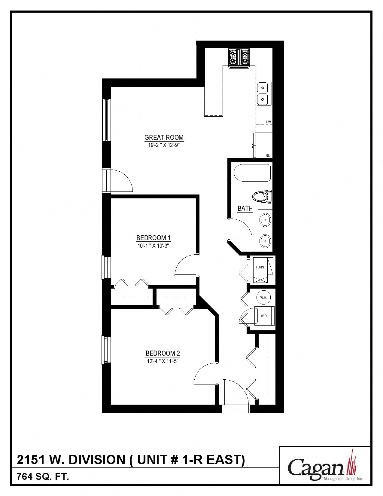 Floor plan for 2 beds, 1 bath, 730 sqft